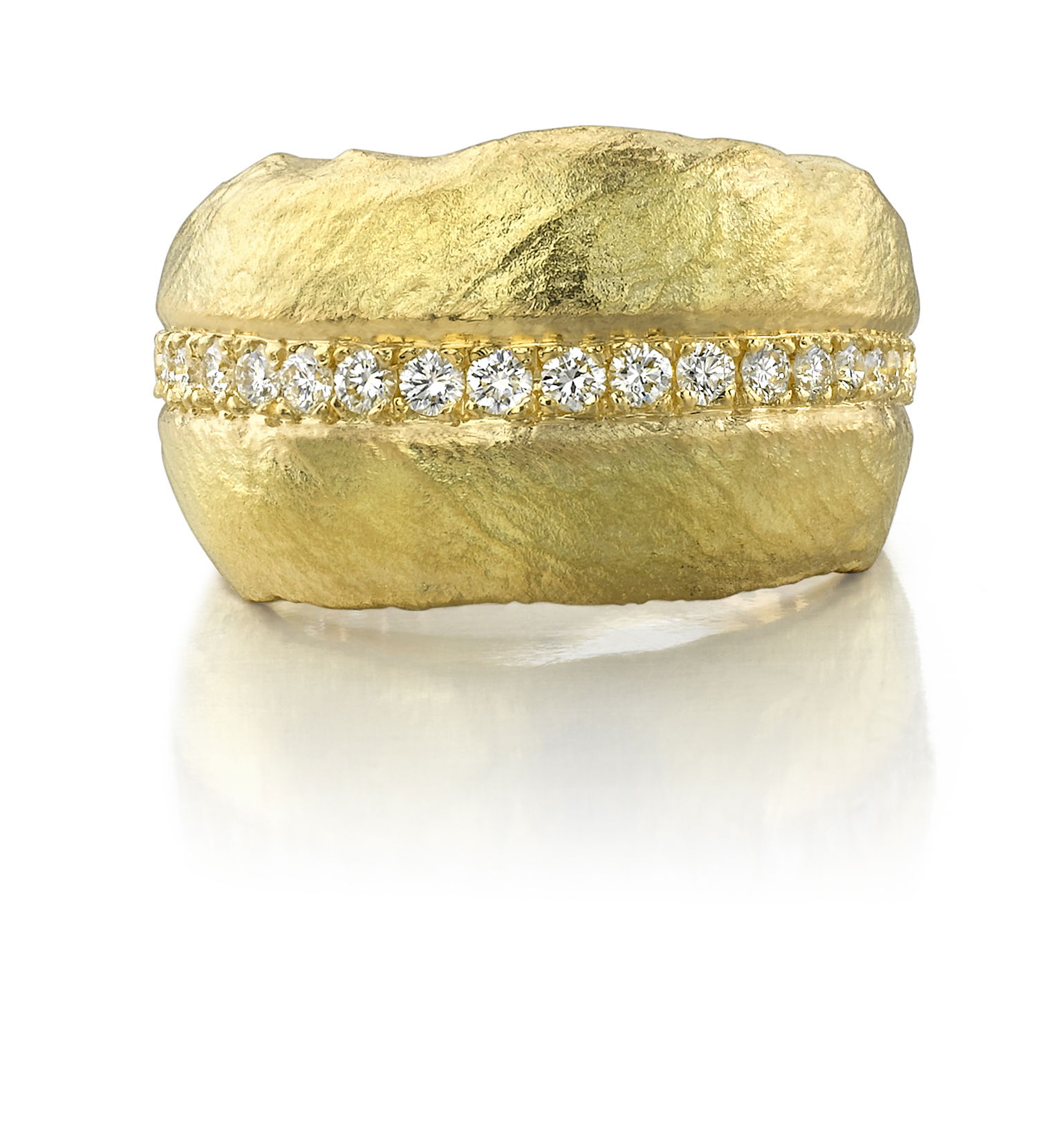 Wide Olive Leaf Cigar Band Ring with White Diamonds in 18kt Yellow Gold