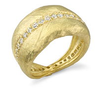 Closeup photo of Wide Olive Leaf Cigar Band Ring with White Diamonds in 18kt Yellow Gold