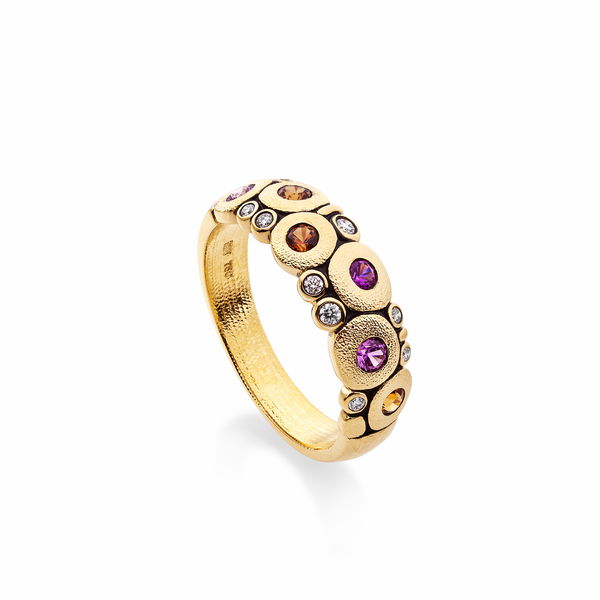 Closeup photo of Candy Ring with Pink and Orange Sapphires in 18kt Yellow Gold