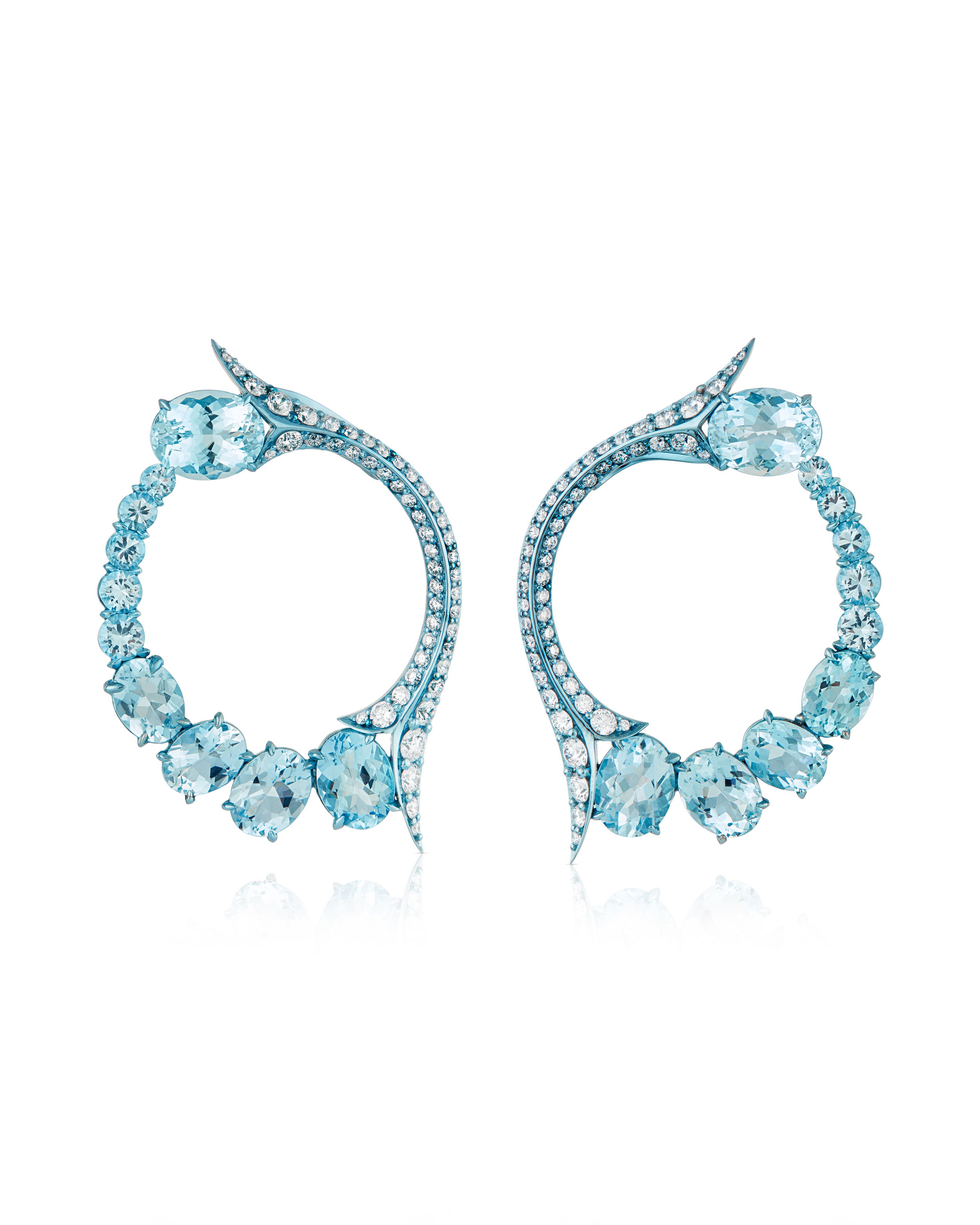 Thorn Embrace Forbidden Fruit Earrings - Titanium Blue (4.97gm) , set with white diamond pav? (100pcs/2.12ct), and faceted oval Aquamarine (20pcs/15.14ct). Total Weight.- 8.43gm Thorn Embrace Forbidden Fruit Earrings with Aquamarine in Titanium