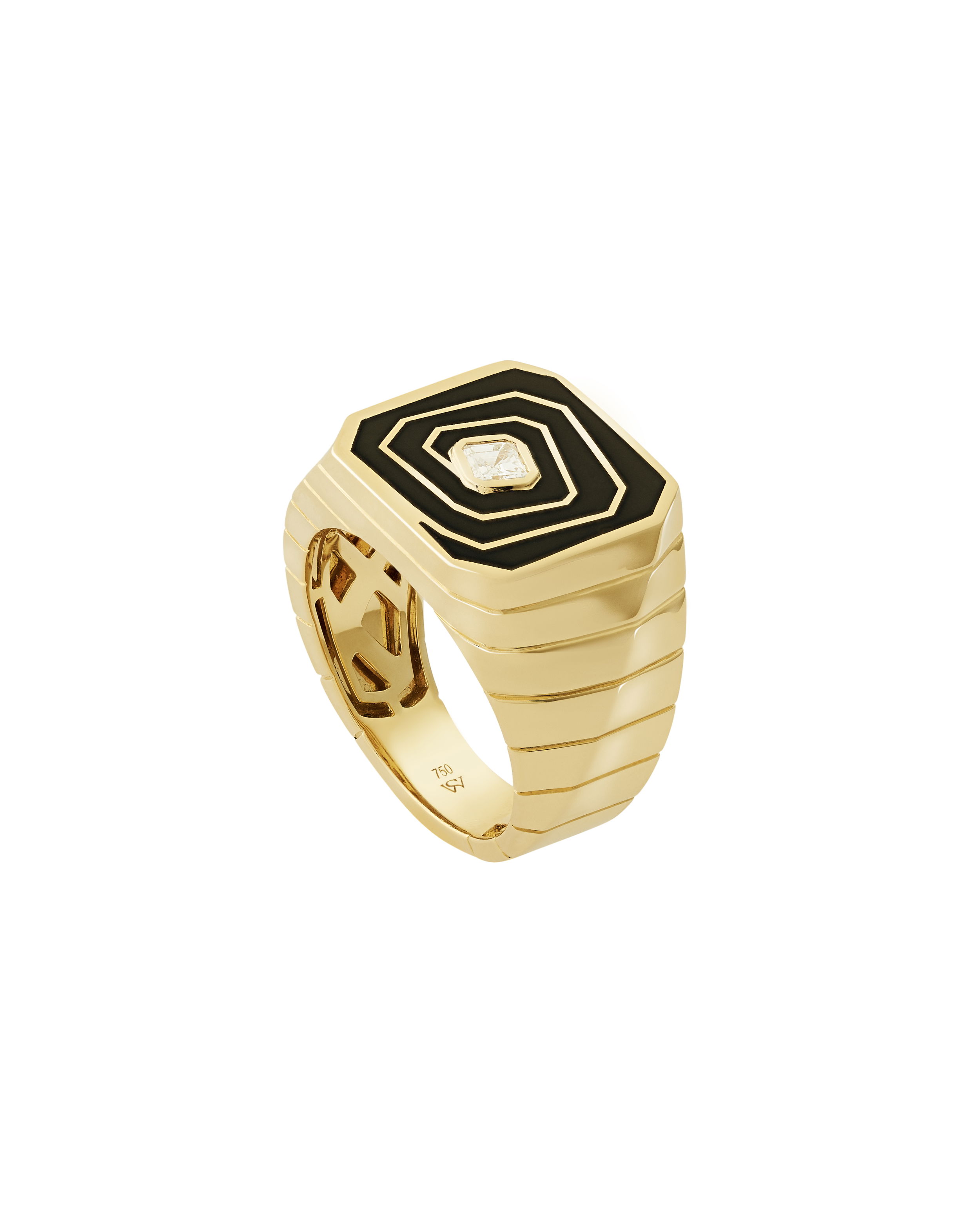 Vertigo Losing Perspective Ring with White Diamond in 18kt Yellow Gold by Stephen Webster. 18kt Yellow gold ring with black enamel details and set with one white diamond at the center. This ring is a size 9.5 Vertigo Losing Perspective Ring with White Diamond in 18kt Yellow Gold