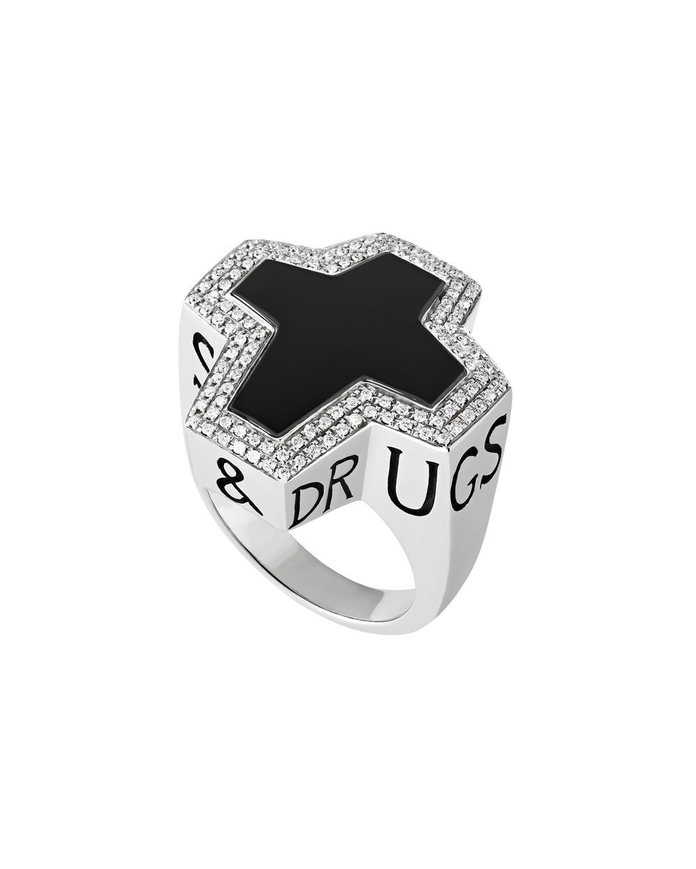 Thorn Sex Drugs & Rock "N" Roll Ring with Black Onyx and White Diamonds in Sterling Silver - Size 9.5 by Stephen Webster. The Sex, Drugs, and Rock'n'Roll Ring is a defining spirit to the Men's collection; crafted in Sterling Silver with a central black Onyx (11.65ct) cross and white Diamond pave (0.36ctw). Size 9.5. The original Men's collection became instantly renowned for blazing a trail, unashamedly made for men with big attitudes. As Stephen once said, "a statement ring sorts the men from the boys". Thorn Sex Drugs & Rock "N" Roll Ring with Black Onyx and White Diamonds in Sterling Silver - Size 9.5