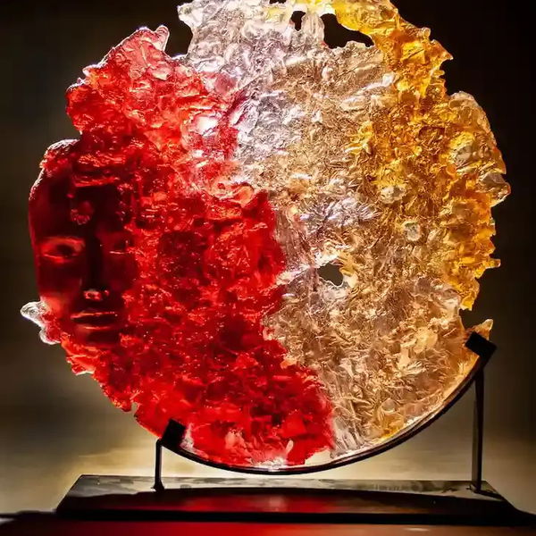 Closeup photo of Ruby Soho Glass and Steel Sculpture