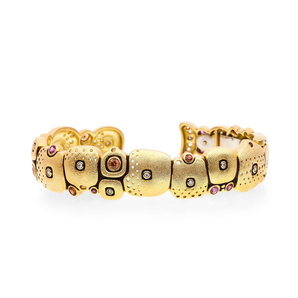 Closeup photo of Little Orchard Cuff Bracelet with Pink and Orange Sapphires in 18kt Yellow Gold