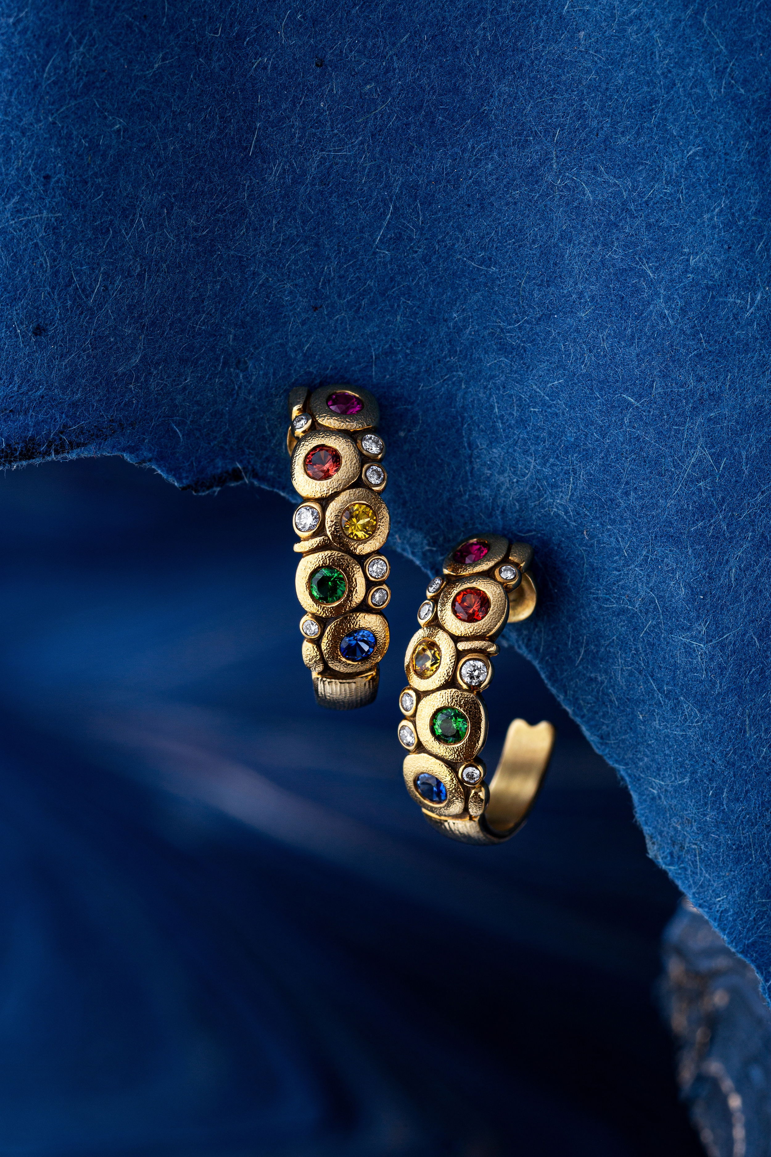 Large Candy Hoop Earrings with Rainbow Sapphires and White Diamonds in 18kt Yellow Gold