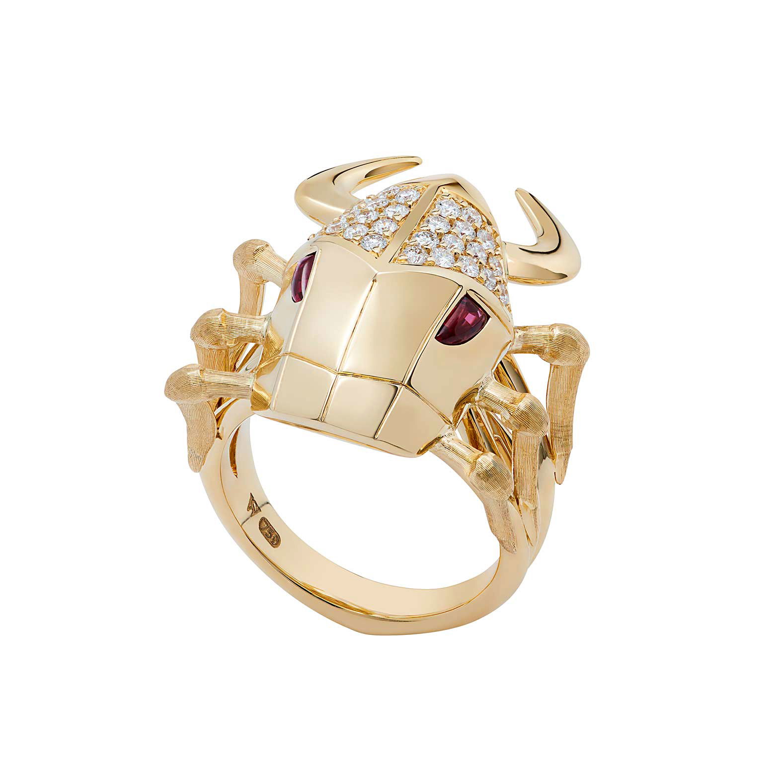 Jitterbug Toro Beetle Ring with Rubies and White Diamonds in 18kt Yellow Gold by Stephen Webster. Beetle ring in 18kt yellow gold with cabochon ruby eyes at 0.10ctw and white diamond pave at 0.43ctw. This ring is a size 10. Jitterbug Toro Beetle Ring with Rubies and White Diamonds in 18kt Yellow Gold