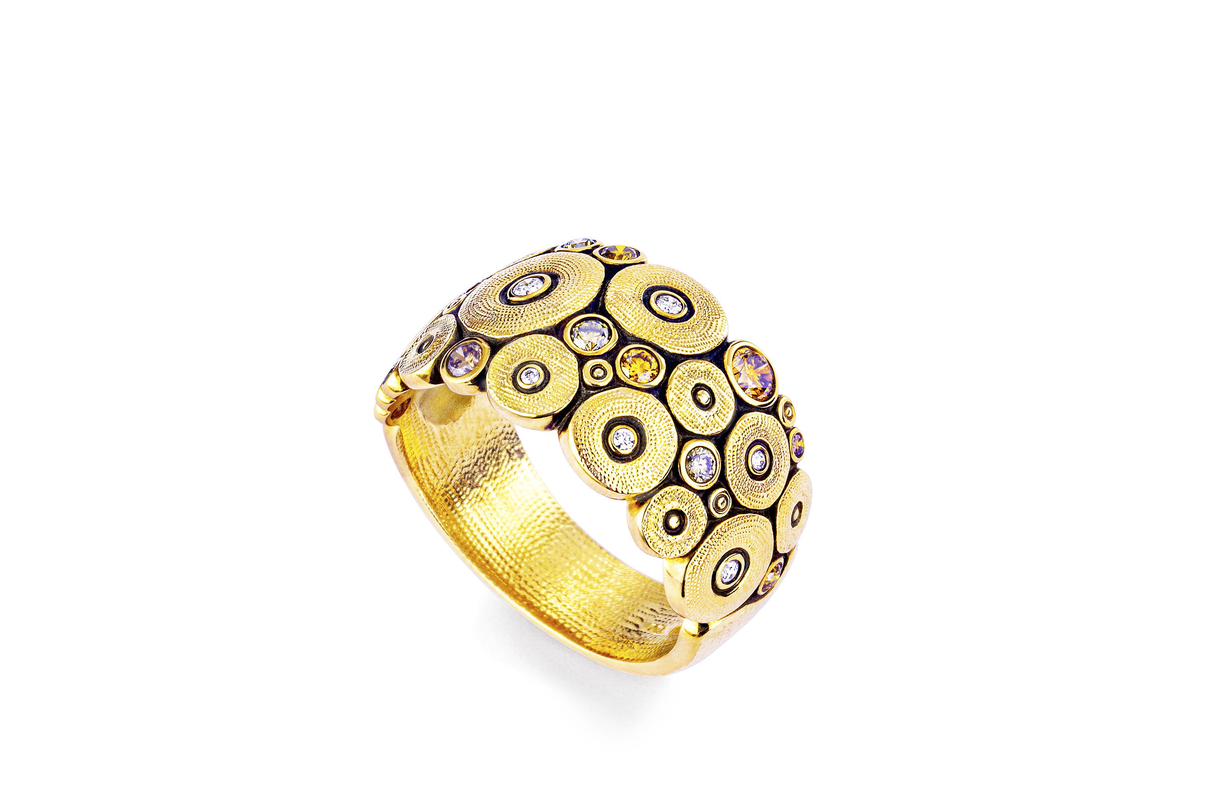 Ocean Dome Ring with Natural Color and White Diamonds in 18kt Yellow Gold by Alex Sepkus. Wider dome ring at the top of the finger, tapering down at the back. Thirteen natural color diamonds at 0.36ctw and eight white diamonds at 0.8ctw set in oxidized 18kt yellow gold. Ocean Dome Band with Natural Color and White Diamonds in 18kt Yellow Gold