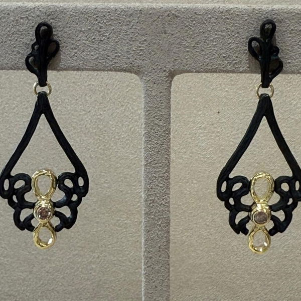 Closeup photo of Shadows Chandelier Earrings with Cognac Diamonds in Black Chrome and 18kt Yellow Gold