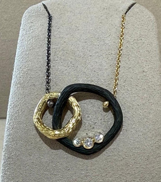 Pebble Medium Double Link Necklace with White Diamonds in Black Chrome, 18kt Yellow Gold and Silver Pebble Medium Double Link Necklace with White Diamonds in Black Chrome, 18kt Yellow Gold and Silver