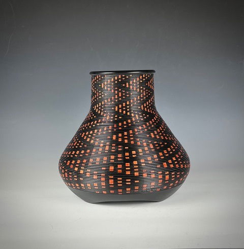 Zig Zag Turned Wooden Vessel by Brian Lensink - 12 inches in diameter by 11 inches tall - Hand turned, painted and finished Zig Zag Turned Wooden Vessel