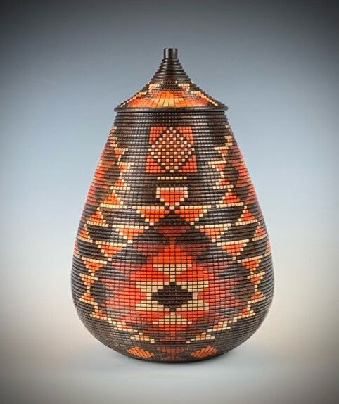 African Basket Illusion Covered Wooden Vessel #778