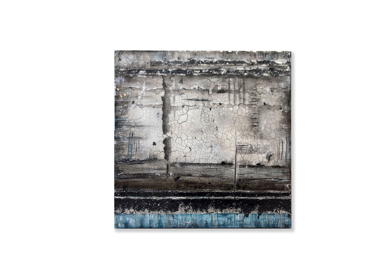 Cinder by Adrienne Wannamaker - Acrylic textures on wood canvas with resin - 36 by 36 by 2.5 inches Cinder