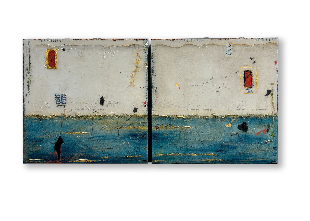 Shores by Adrienne Wannamaker - Acrylic textures on wood canvas with resin - 18 by 18 by 2.5 inches Shores