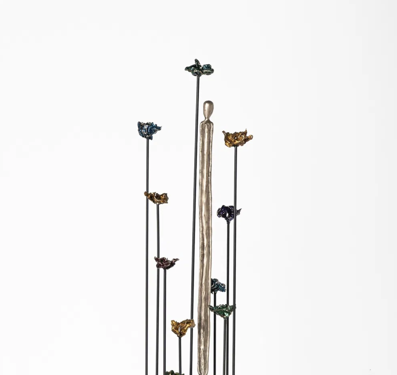 She's A Wildflower by Jennyfer Stratman - Sculpture in bronze, steel and enamel - 8 inches tall by 8 inches deep by 44 inches tall. She's A Wildflower