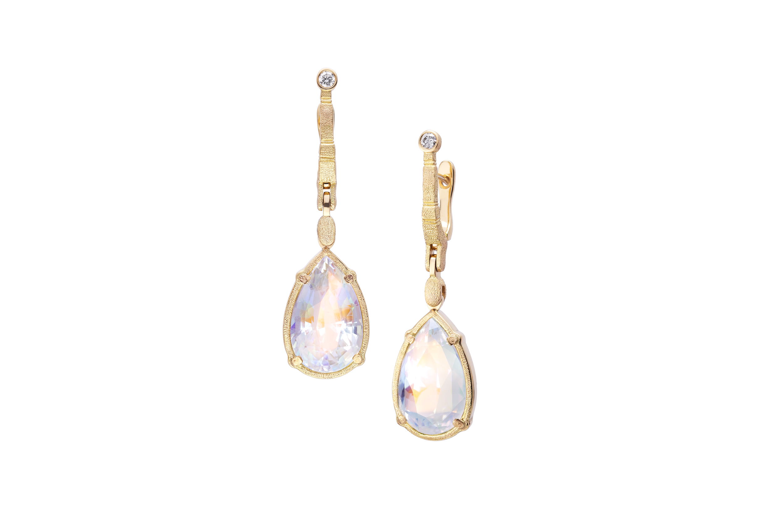 Sticks and Stones Dangle Earrings with Faceted Moonstones in 18kt Yellow Gold