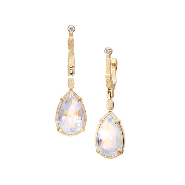 Closeup photo of Sticks and Stones Dangle Earrings with Faceted Moonstones in 18kt Yellow Gold
