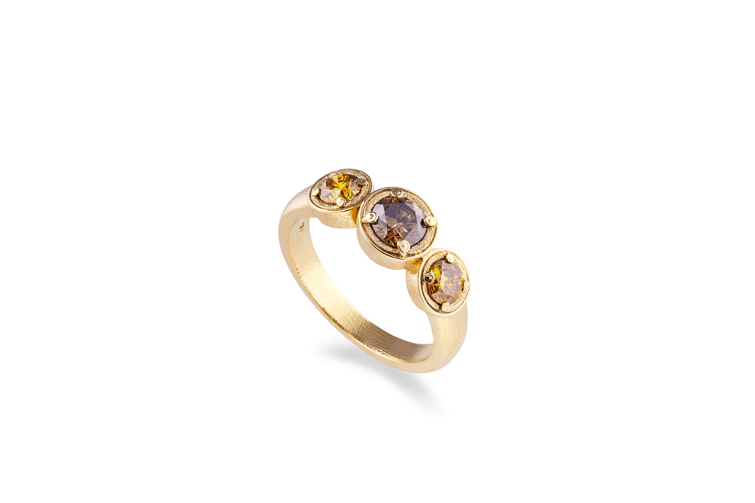 Orchard Three Stone Ring with Natural Colored Diamonds in 18kt Yellow Gold by Alex Sepkus - Three natural color diamonds with the center being orange/brown at 0.45ct and 5.25mm round and the side stones being two golden yellow natural color diamonds at 0.50ctw ranging from 3.5 to 3.8mm round. Orchard Three Stone Ring with Natural Colored Diamonds in 18kt Yellow Gold