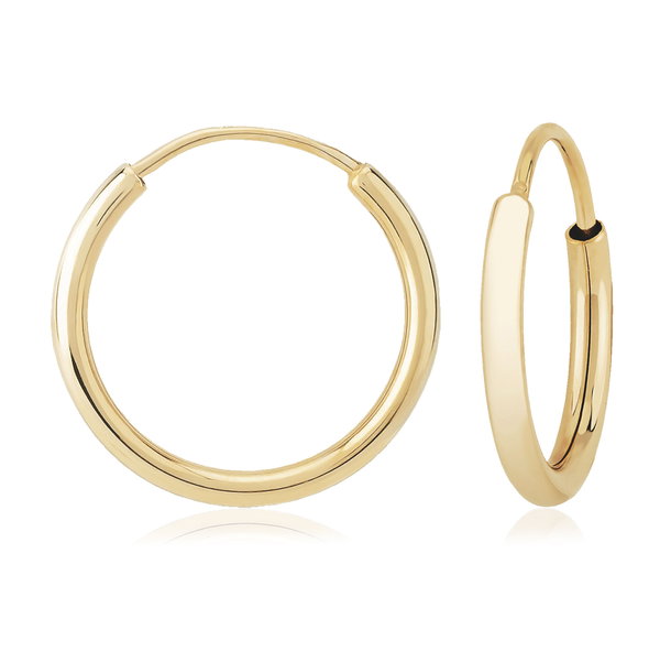 Closeup photo of Endless Hoop Tube Earrings 1.5 x 15mm in 14kt Yellow Gold