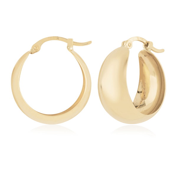 Closeup photo of Small Wide Huggie Hoop Earrings in 14kt Yellow Gold