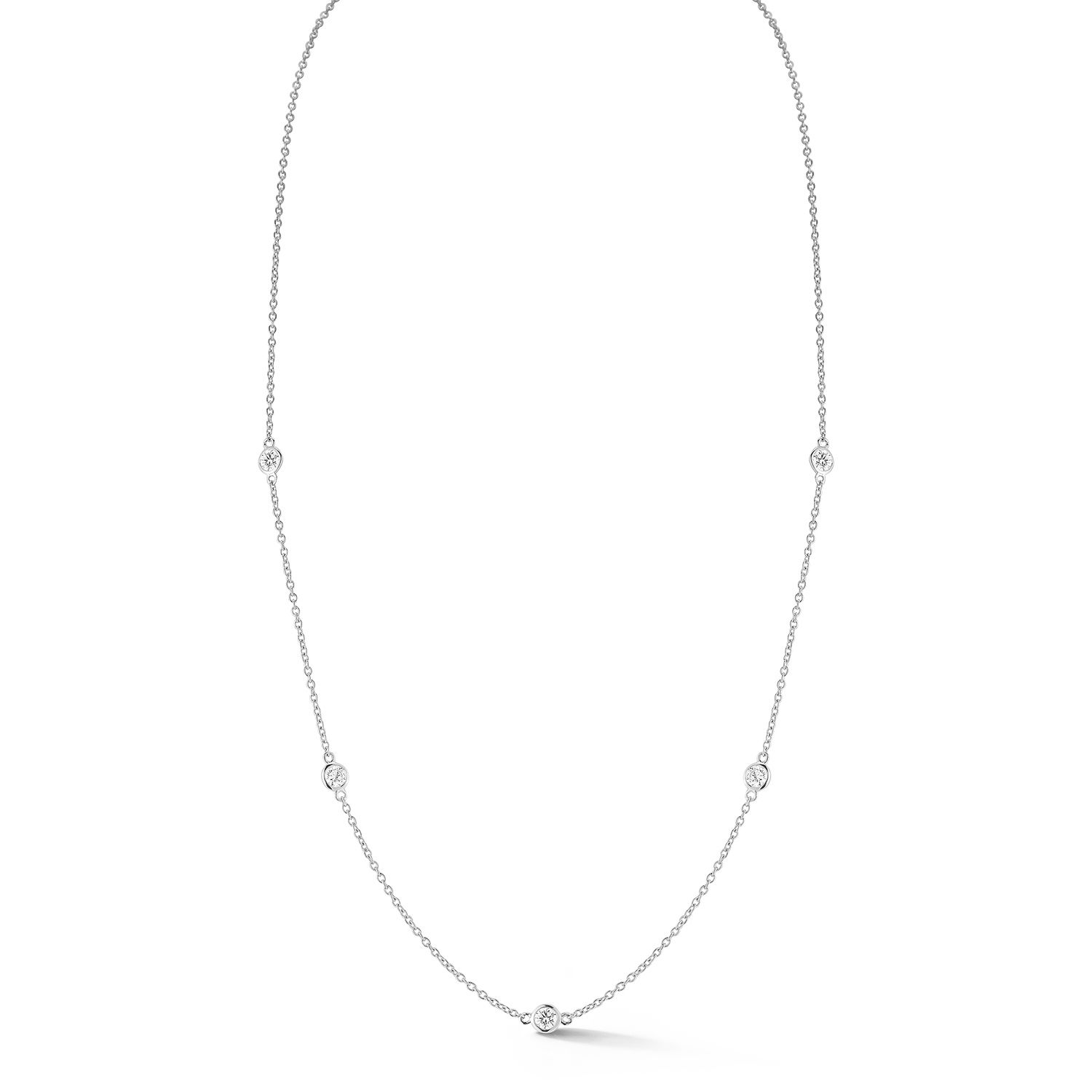 Diamonds by the Yard 0.50ctw Five White Diamond Necklace in 14kt White Gold from the Grace Renee Gallery Collection - Five round white diamonds at 0.50ctw I-J/SI2 bezel set in a station style. 18 inches long with a lobster clasp in 14kt white gold. Diamonds by the Yard 0.50ctw Five White Diamond Necklace in 14kt White Gold