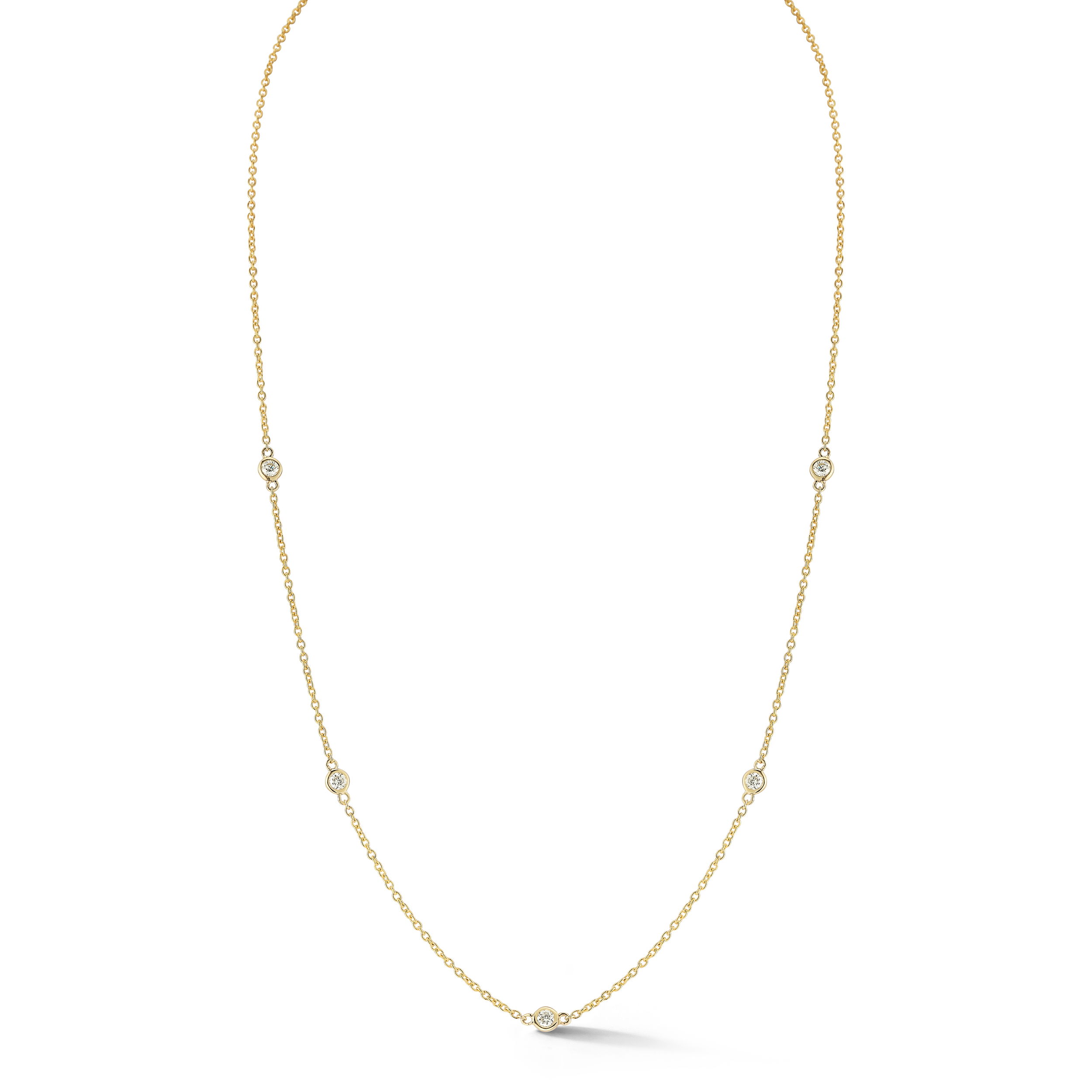 Diamonds by the Yard 0.50ctw Five White Diamond Necklace in 14kt Yellow Gold from the Grace Renee Gallery Collection - Five round white diamonds at 0.50ctw I-J/SI2 bezel set in a station style. 18 inches long with a lobster clasp in 14kt yellow gold. Diamonds by the Yard 0.50ctw Five White Diamond Necklace in 14kt Yellow Gold