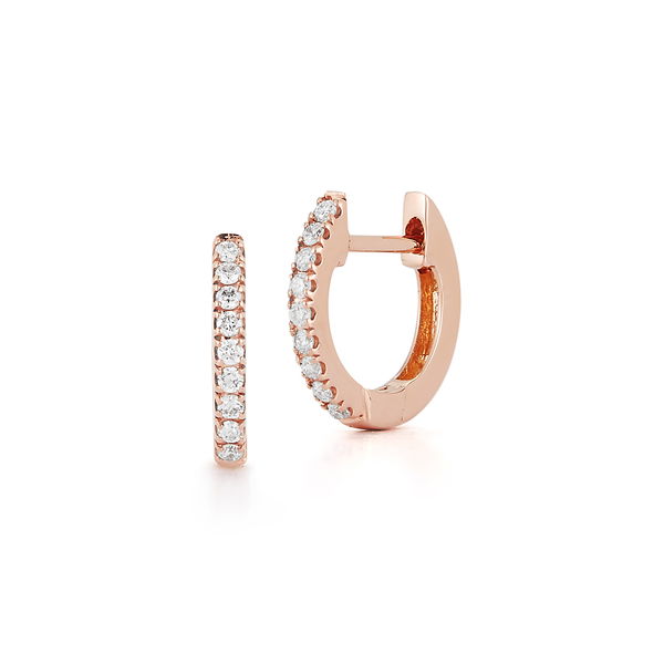 Closeup photo of Tiny Tennis Huggie Hoop Earrings with White Diamonds in 14kt Rose Gold