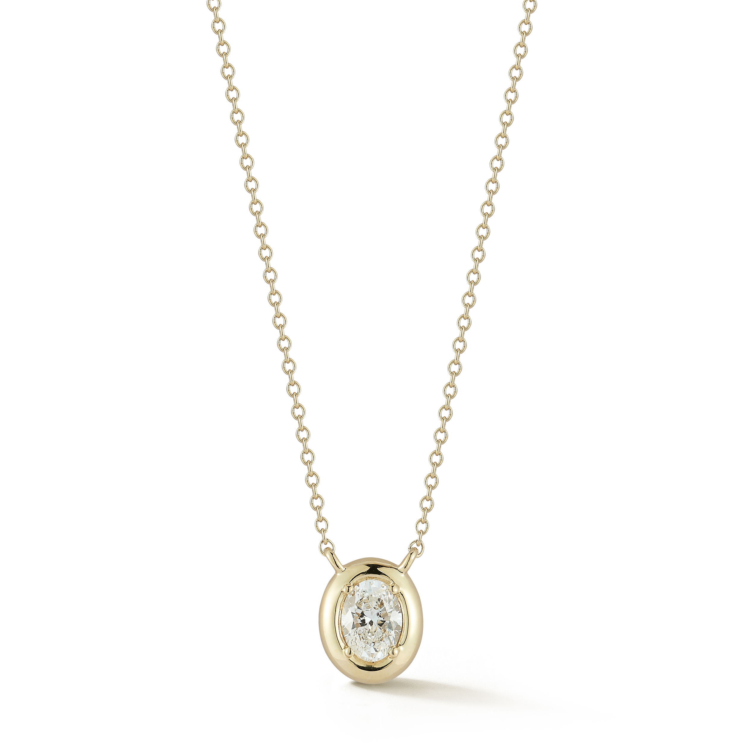 Flat Rim Bezel Set 0.25ct Oval White Diamond Pendant Necklace in 14kt Yellow Gold from the Grace Renee Gallery Collection - One oval white diamond at 0.25ct bezel set in 14kt yellow gold and anchored in an inline setting of 18 inches long with a lobster clasp. Flat Rim Bezel Set 0.25ct Oval White Diamond Pendant Necklace in 14kt Yellow Gold