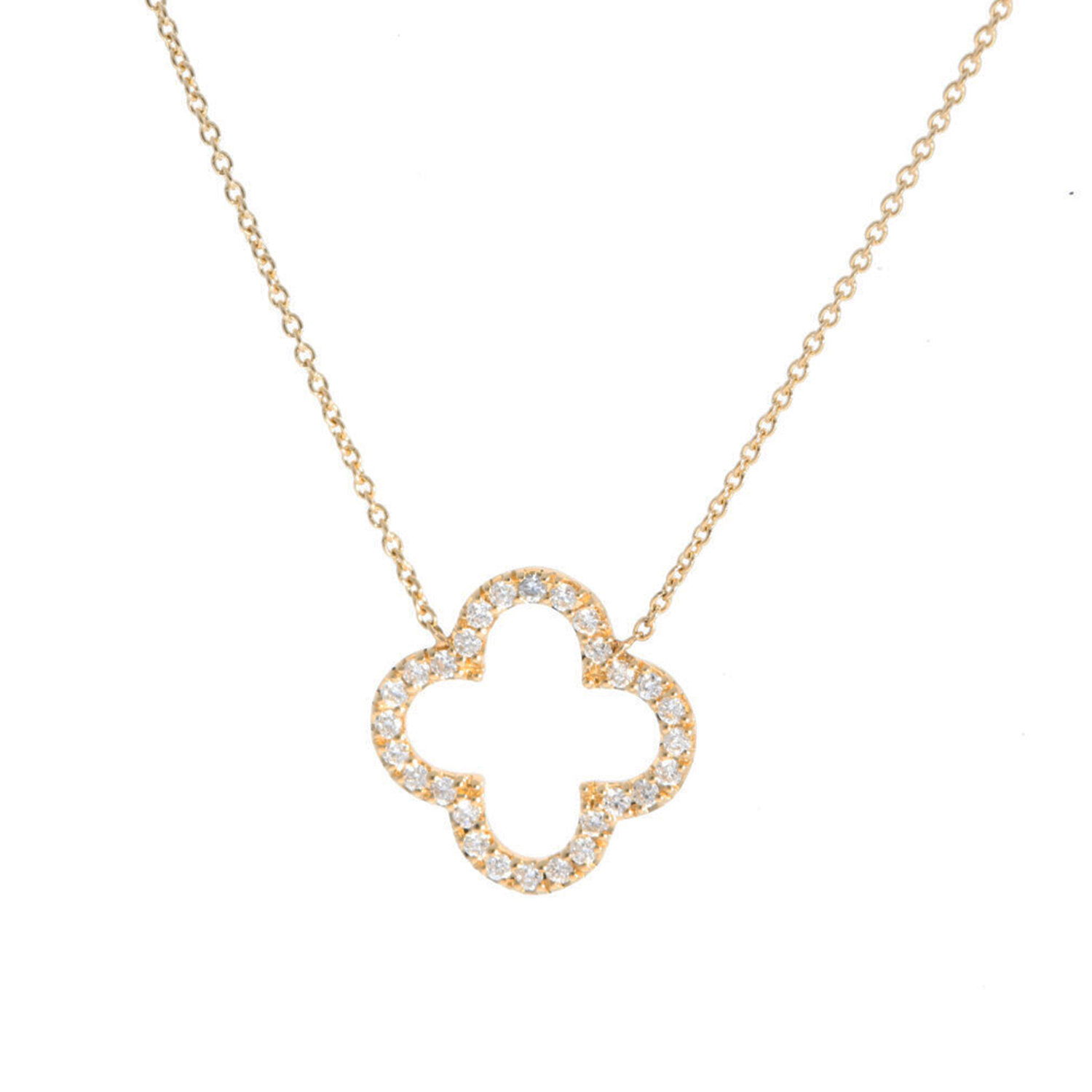 Open Clover Inline Necklace with White Diamonds in 14kt Yellow Gold from the Grace Renee Gallery Collection - Clover outline anchored with chain at both sides, pave set with twenty eight white diamonds, G-H/SI2, at 0.10ctw in 14ct yellow gold. Open Clover Inline Necklace with White Diamonds in 14kt Yellow Gold