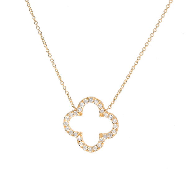 Closeup photo of Open Clover Inline Necklace with White Diamonds in 14kt Yellow Gold