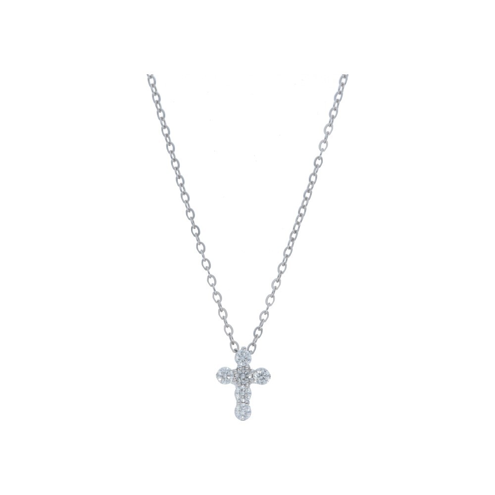 Shared Prong Cross Pendant Necklace with 0.25ctw White Diamonds in 14kt White Gold from the Grace Renee Gallery Collection - Smaller cross with six white diamonds at 0.25ctw, G-H/SI2, in a 14kt white gold shared prong setting. Shared Prong Cross Pendant Necklace with 0.25ctw White Diamonds in 14kt White Gold
