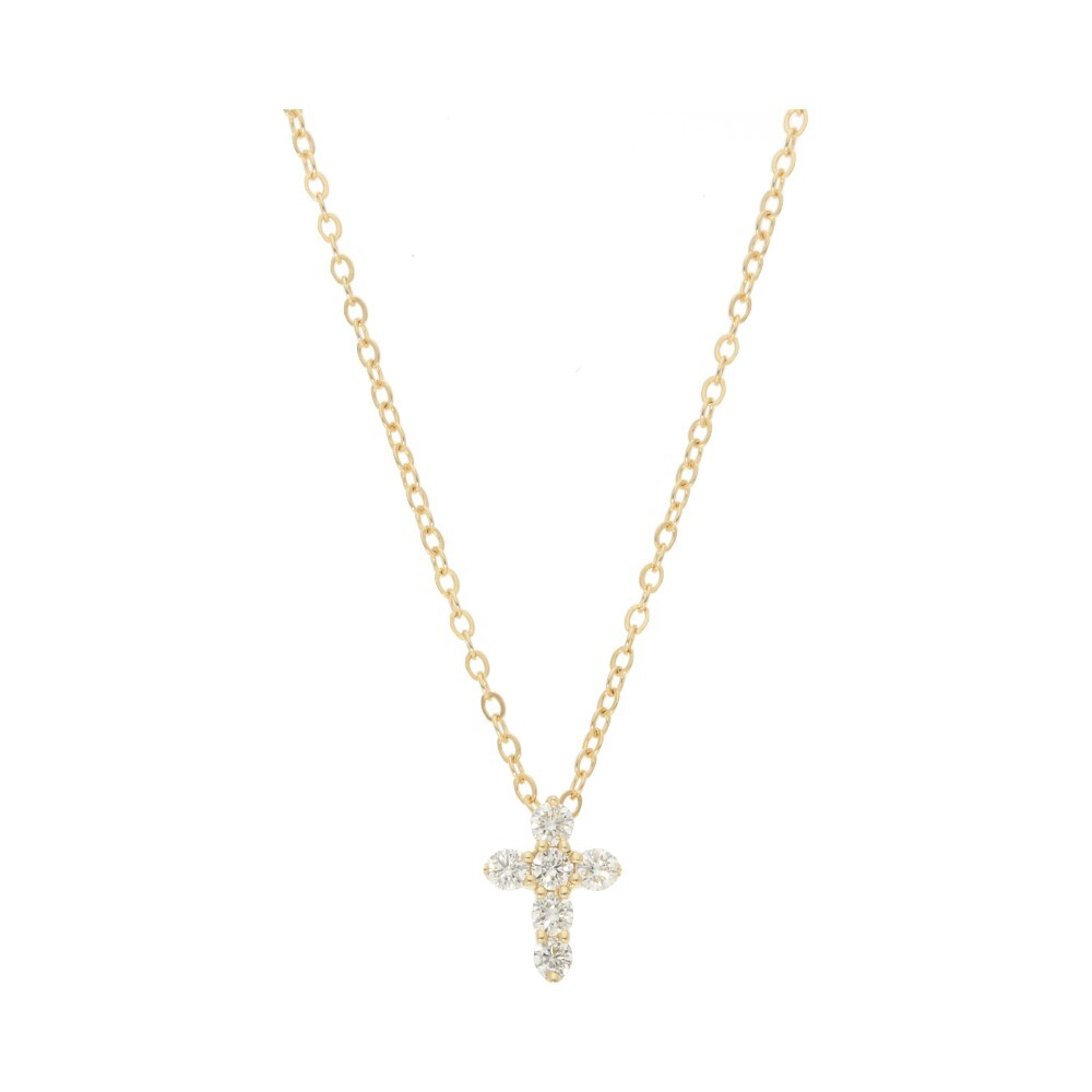 Shared Prong Cross Pendant Necklace with 0.25ctw White Diamonds in 14kt Yellow Gold from the Grace Renee Gallery Collection - Smaller cross with six white diamonds at 0.25ctw, G-H/SI2, in a 14kt yellow gold shared prong setting. Shared Prong Cross Pendant Necklace with 0.25ctw White Diamonds in 14kt Yellow Gold