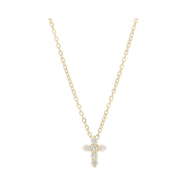 Closeup photo of Shared Prong Cross Pendant Necklace with 0.25ctw White Diamonds in 14kt Yellow Gold