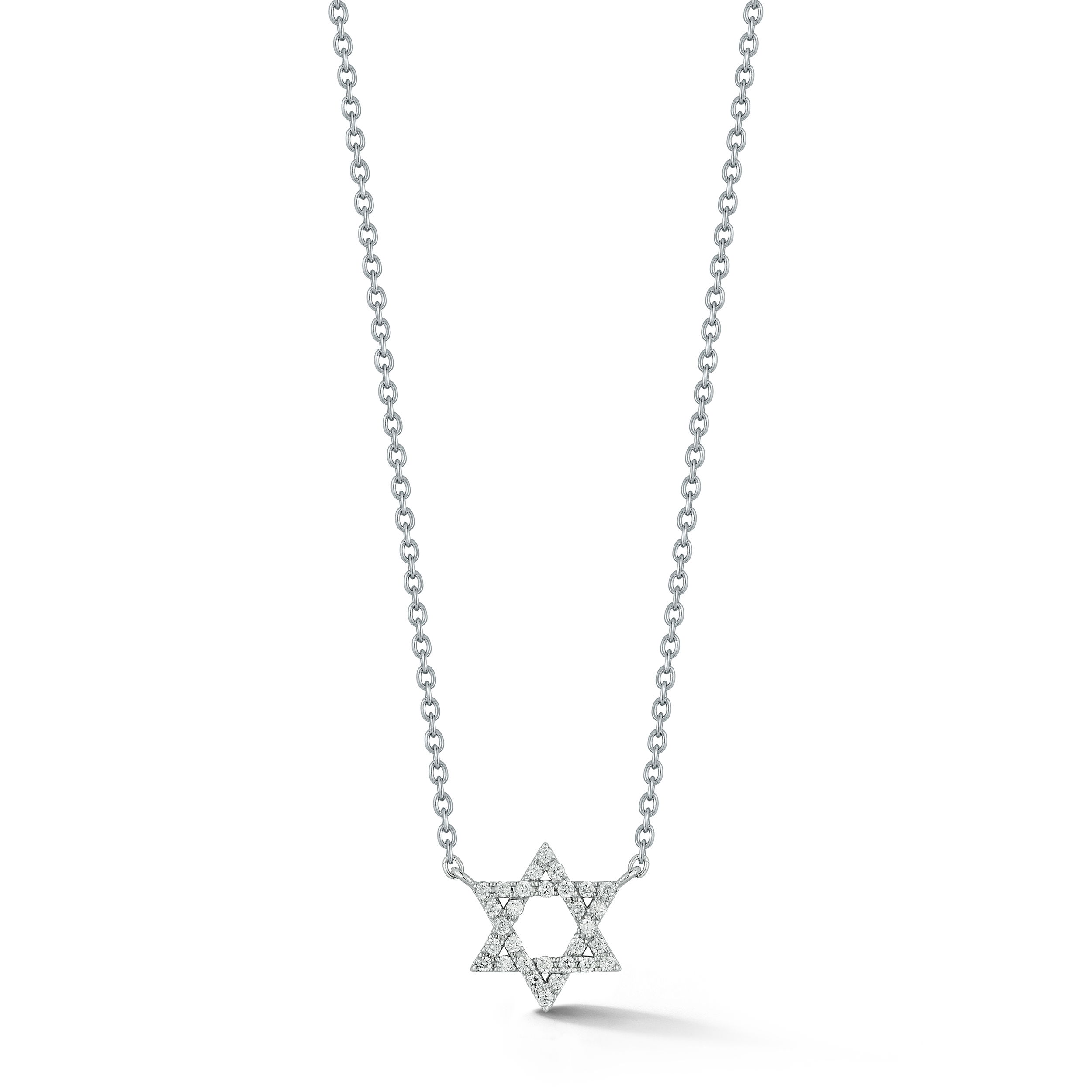 Star of David Inline Necklace with White Diamonds in 14kt White Gold from the Grace Renee Gallery Collection - Centered pendant with thirty white diamonds, G-H/SI2, prong set in 14kt white gold with chain attached at either side. Star of David Inline Necklace with White Diamonds in 14kt White Gold