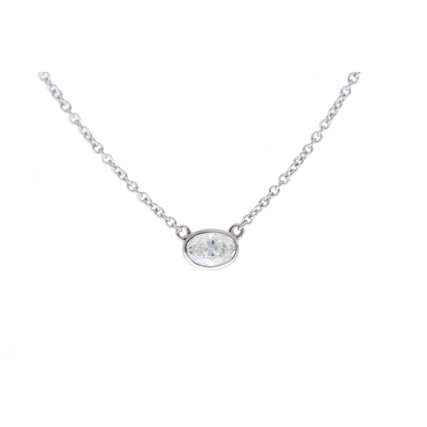 Bezel Set 0.39ct East-West White Diamond Inline Necklace in 14kt White Gold from the Grace Renee Gallery Collection - Inline style pendant necklace with one oval white diamond bezel set east-west at 0.39ct with cable chain attached to each side and a lobster clasp,, all in 14kt white gold. Bezel Set 0.39ct East-West White Diamond Inline Necklace in 14kt White Gold