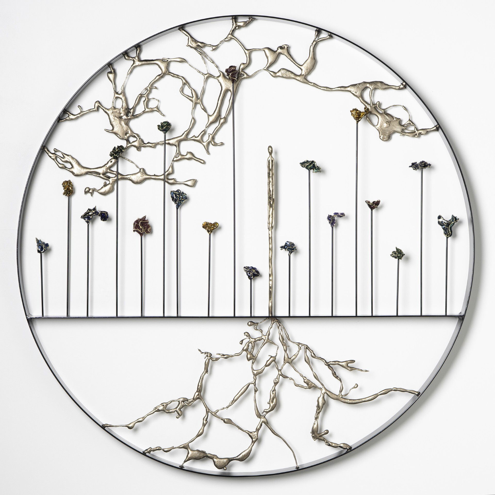 Found My Roots in a Galactic Garden by Jennyfer Stratman - Bronze and painted steel - 36 inches round by 2 inches deep Found My Roots in a Galactic Garden