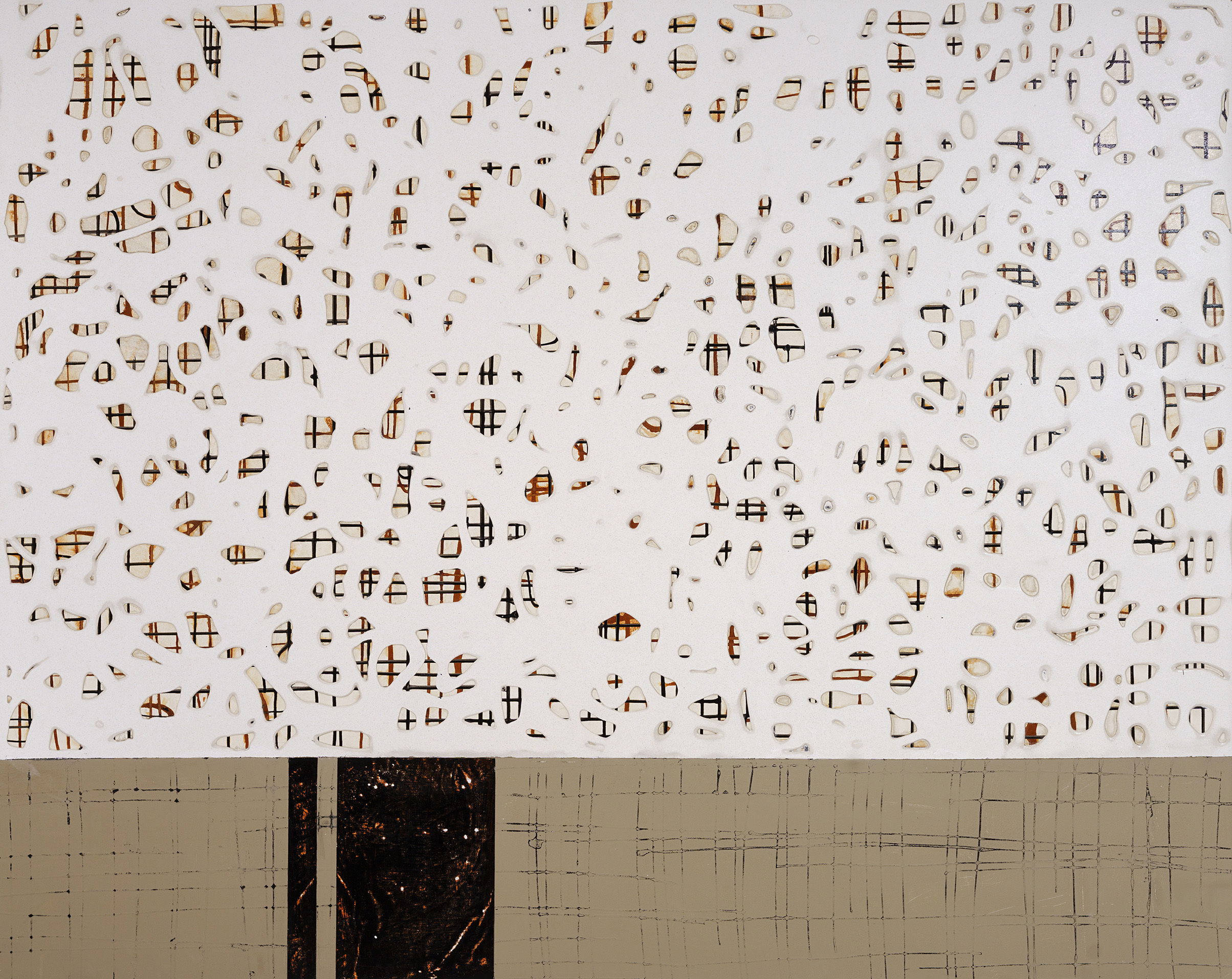 Behind the Scenes by Kathleen Hope - Cement and pigment on wood panel - 60 inches by 48 inches by 2 inches Behind the Scenes
