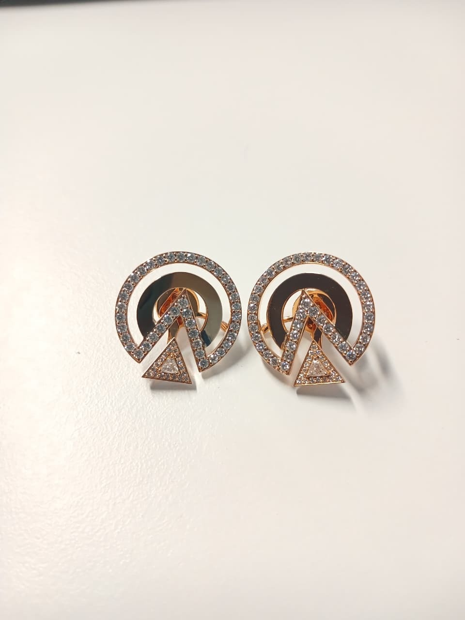 Aura Triangle Pave White Diamond Earrings in 18kt Rose Gold by Alessa Jewelry - Button style earrings with post and omega backs in high polish 18kt rose gold set with 2.20ctw of G-H/VS-VVS white diamonds Aura Triangle Pave White Diamond Earrings in 18kt Rose Gold