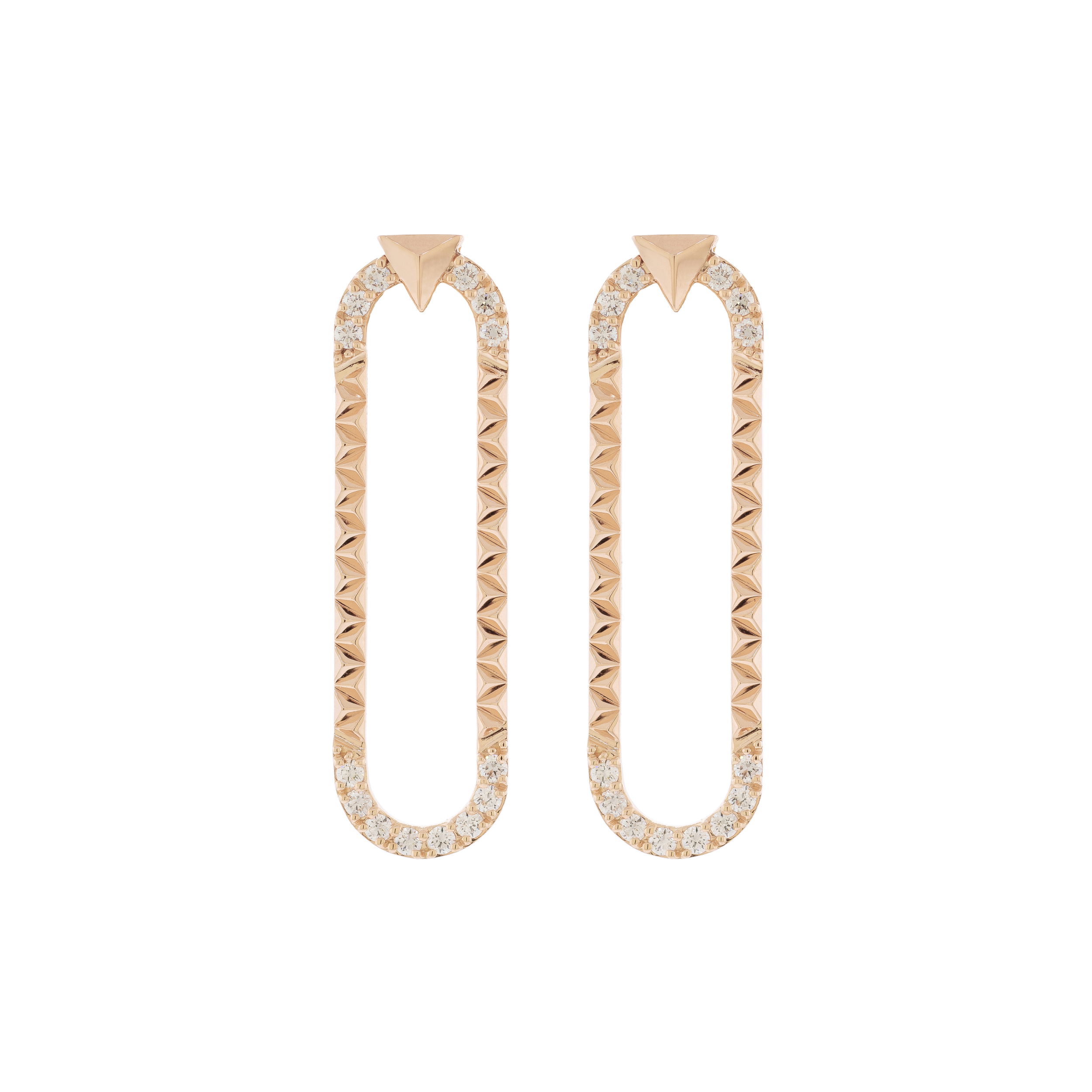 Energy Drop Earrings with White Diamonds in 18kt Rose Gold by Alessa Jewelry - Elongated oval drop shapes with high polish pyramid elements at the top and set with 1.11ctw of G-H/VS-VVS white diamonds - The earrings measure 47mm long with a post and nut closure. Energy Drop Earrings with White Diamonds in 18kt Rose Gold