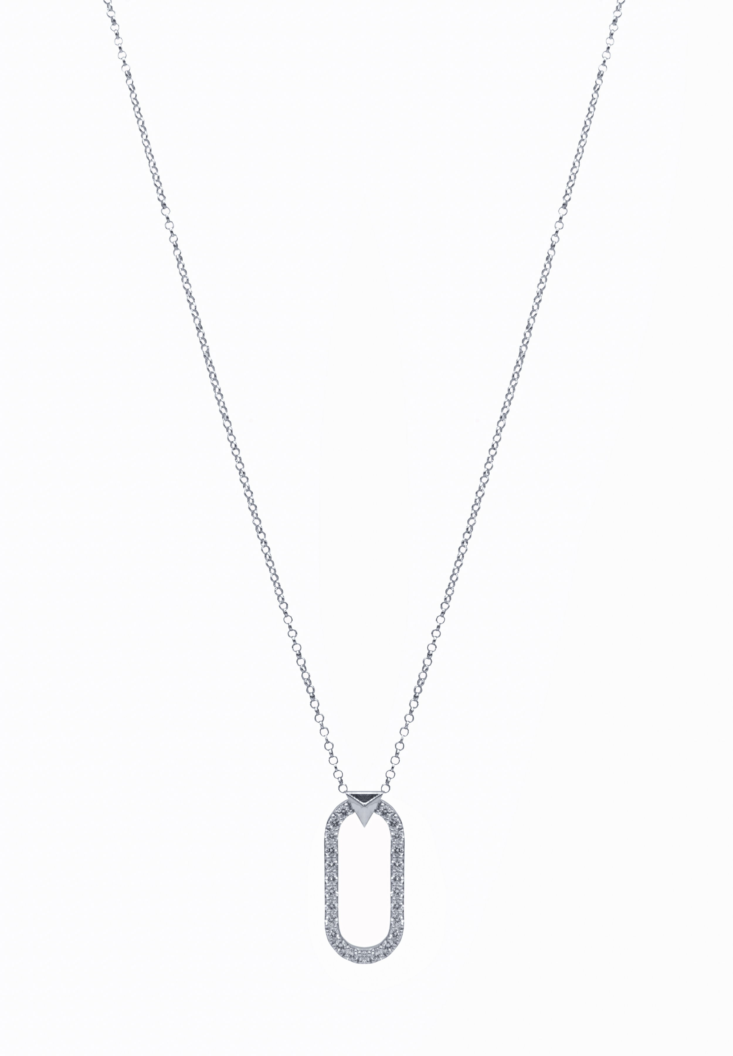 Energy Pendant Necklace with White Diamonds in 18kt White Gold by Alessa Jewelry - Elongated oval pendant with high polished pyramid shape at the top set with 1.19ctw of G-H/VS-VVS white diamonds in 18kt white gold on an adjustable cable link chain. Energy Pendant Necklace with White Diamonds in 18kt White Gold