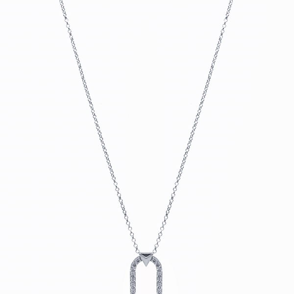 Energy Pendant Necklace with White Diamonds in 18kt White Gold by Alessa Jewelry - Elongated oval pendant with high polished pyramid shape at the top set with 1.19ctw of G-H/VS-VVS white diamonds in 18kt white gold on an adjustable cable link chain. Closeup photo of Energy Pendant Necklace with White Diamonds in 18kt White Gold