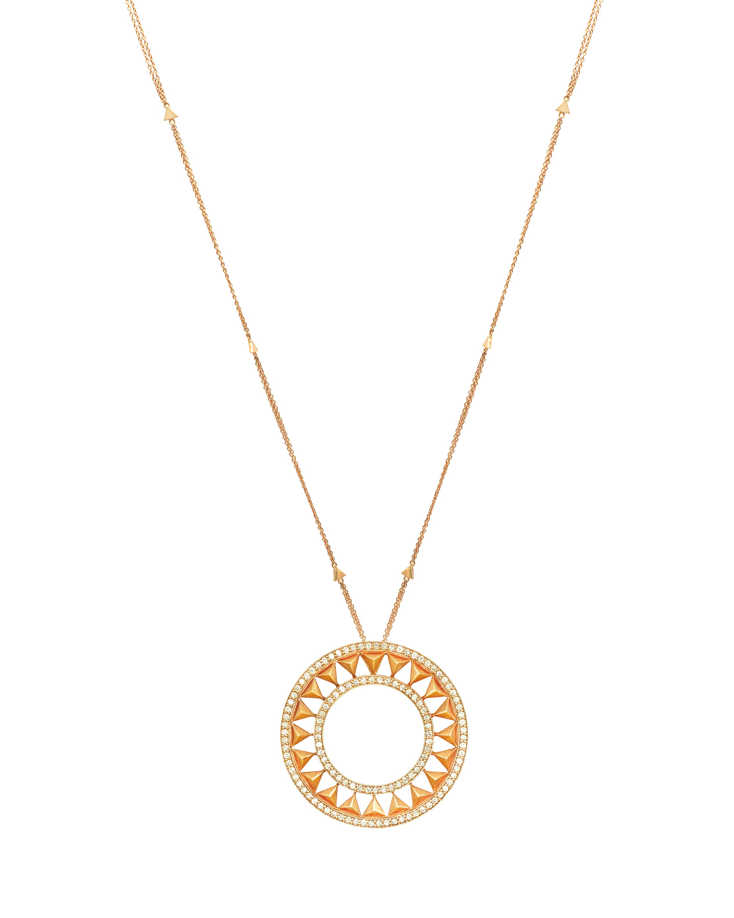 Force Pendant Necklace with White Diamonds in 18kt Rose Gold by Alessa Jewelry - Larger openwork medallion style pendant hanging from multi chain station style necklace set with 0.86ctw of G-H/VS-VVS white diamonds in 18kt rose gold. Force Pendant Necklace with White Diamonds in 18kt Rose Gold