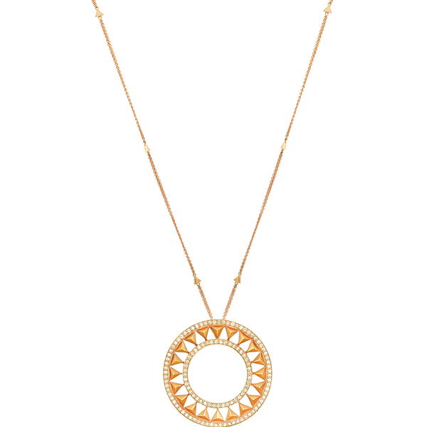 Force Pendant Necklace with White Diamonds in 18kt Rose Gold by Alessa Jewelry - Larger openwork medallion style pendant hanging from multi chain station style necklace set with 0.86ctw of G-H/VS-VVS white diamonds in 18kt rose gold. Closeup photo of Force Pendant Necklace with White Diamonds in 18kt Rose Gold
