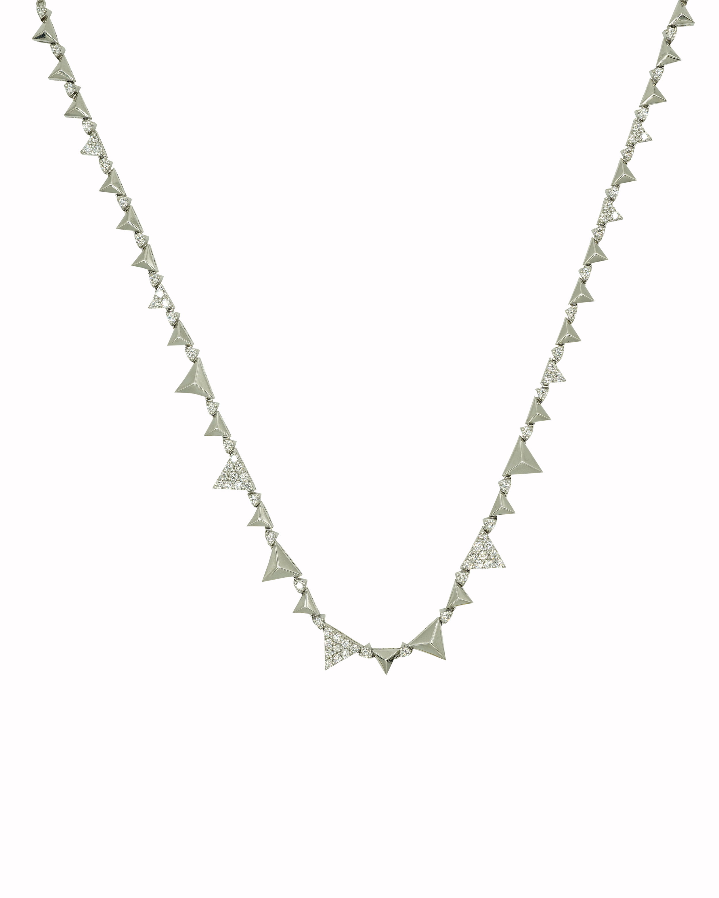 Rising Necklace with White Diamonds in 18kt White Gold by Alessa Jewelry - Adjustable collar style necklace with high polished and pave set pyramid shapes set with 1.02ctw of G-H/VS-VVS white diamonds in 18kt white gold. Rising Necklace with White Diamonds in 18kt White Gold