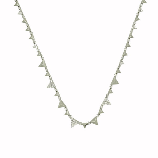 Rising Necklace with White Diamonds in 18kt White Gold by Alessa Jewelry - Adjustable collar style necklace with high polished and pave set pyramid shapes set with 1.02ctw of G-H/VS-VVS white diamonds in 18kt white gold. Closeup photo of Rising Necklace with White Diamonds in 18kt White Gold