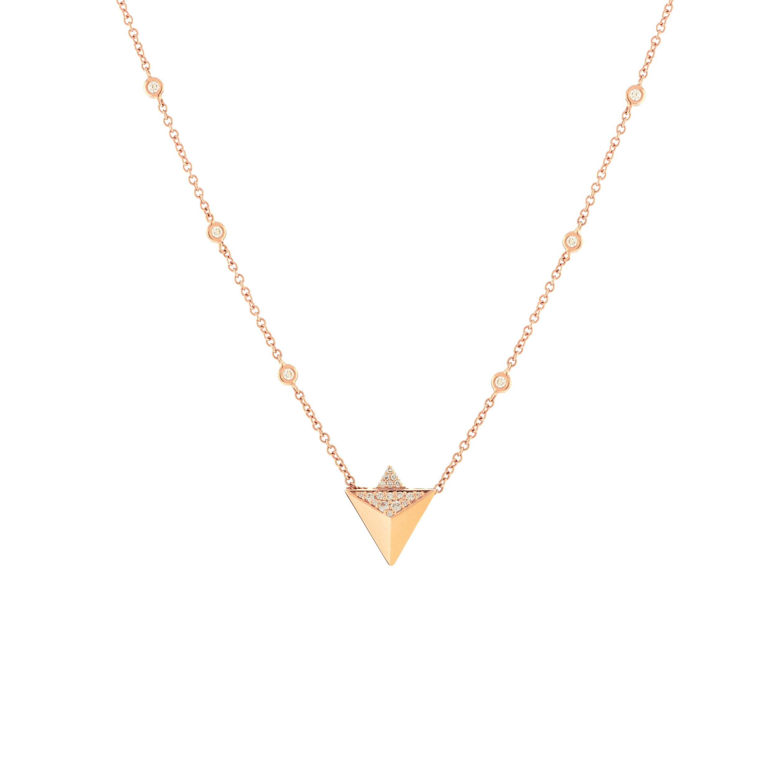 Rising Pendant Necklace with White Diamonds in 18kt Yellow Gold by Alessa Jewelry - High polish pyramid shape pendant with pave white diamond accents and set inline on a bezel set diamond station chain - There are 0.36ctw of white diamonds, G-H/VS-VVS set in 18kt yellow gold - the chain is adjustable. Rising Pendant Necklace with White Diamonds in 18kt Yellow Gold