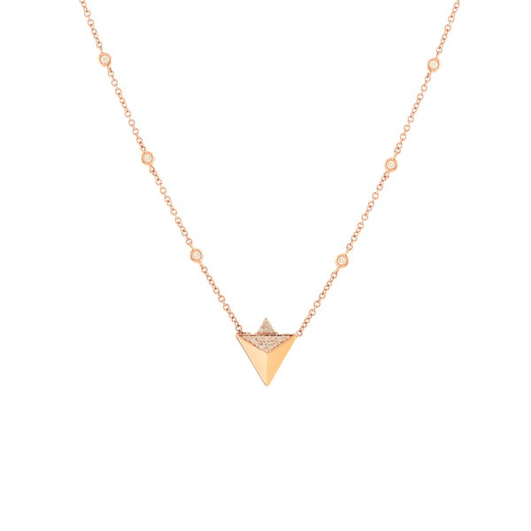 Rising Pendant Necklace with White Diamonds in 18kt Yellow Gold by Alessa Jewelry - High polish pyramid shape pendant with pave white diamond accents and set inline on a bezel set diamond station chain - There are 0.36ctw of white diamonds, G-H/VS-VVS set in 18kt yellow gold - the chain is adjustable. Closeup photo of Rising Pendant Necklace with White Diamonds in 18kt Yellow Gold