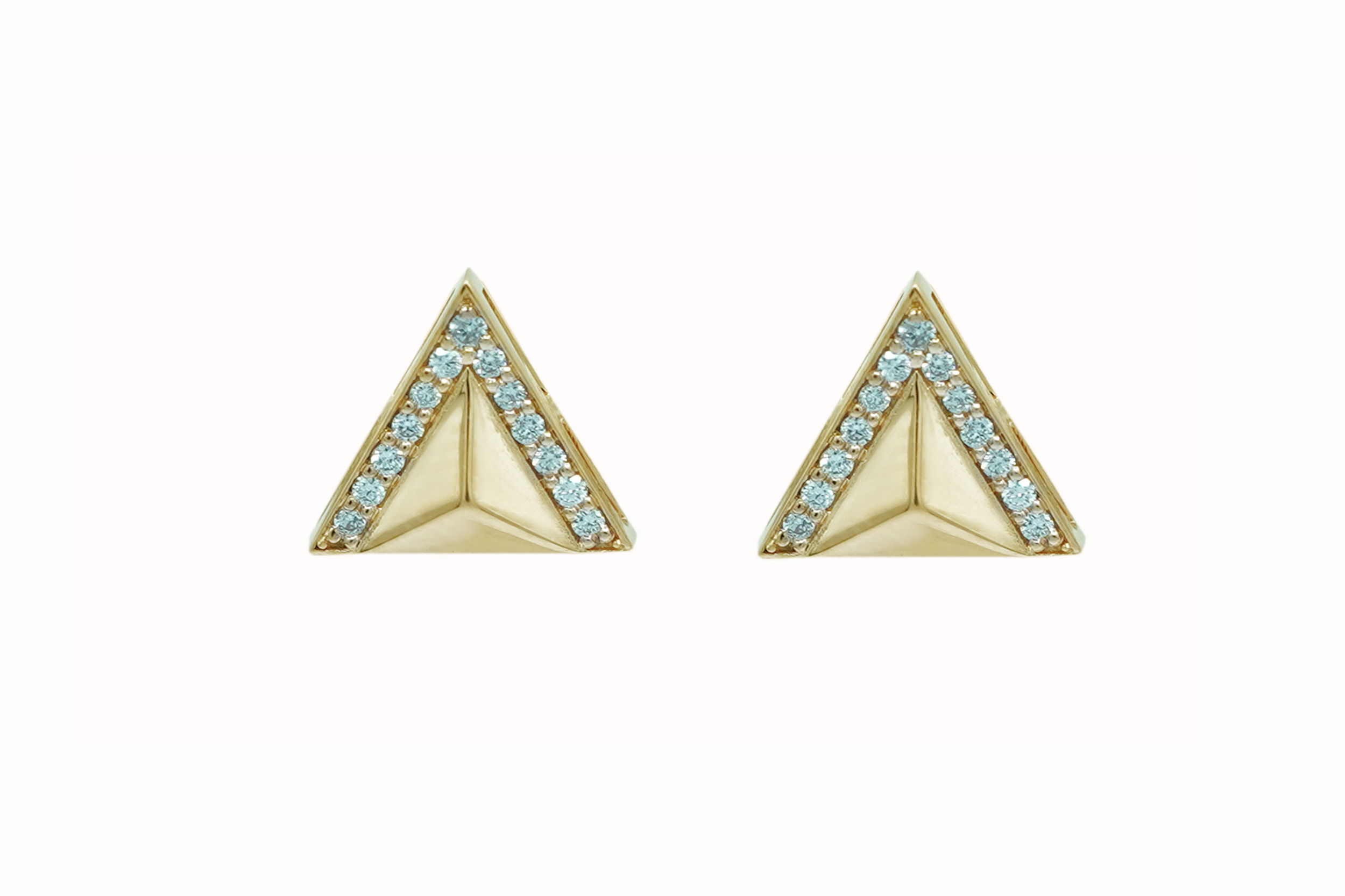 Rising Stud Earrings with White Diamonds in 18kt Rose Gold by Alessa Jewelry - Stud earrings with a high polish pyramid form accented with 0.11ctw of G-H/VS-VVS white diamonds and a post and nut closure on the back Rising Stud Earrings with White Diamonds in 18kt Rose Gold