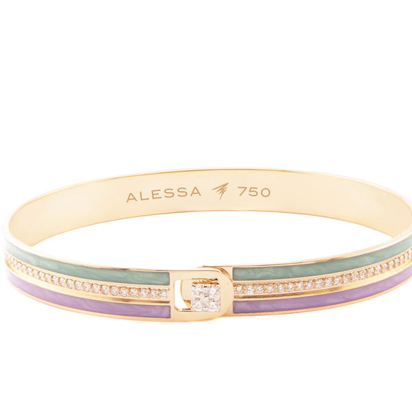 Closeup photo of Equality Bangle Bracelet with Amethyst and Paraiba Enamel and White Diamonds in 18kt Rose Gold - Size 16