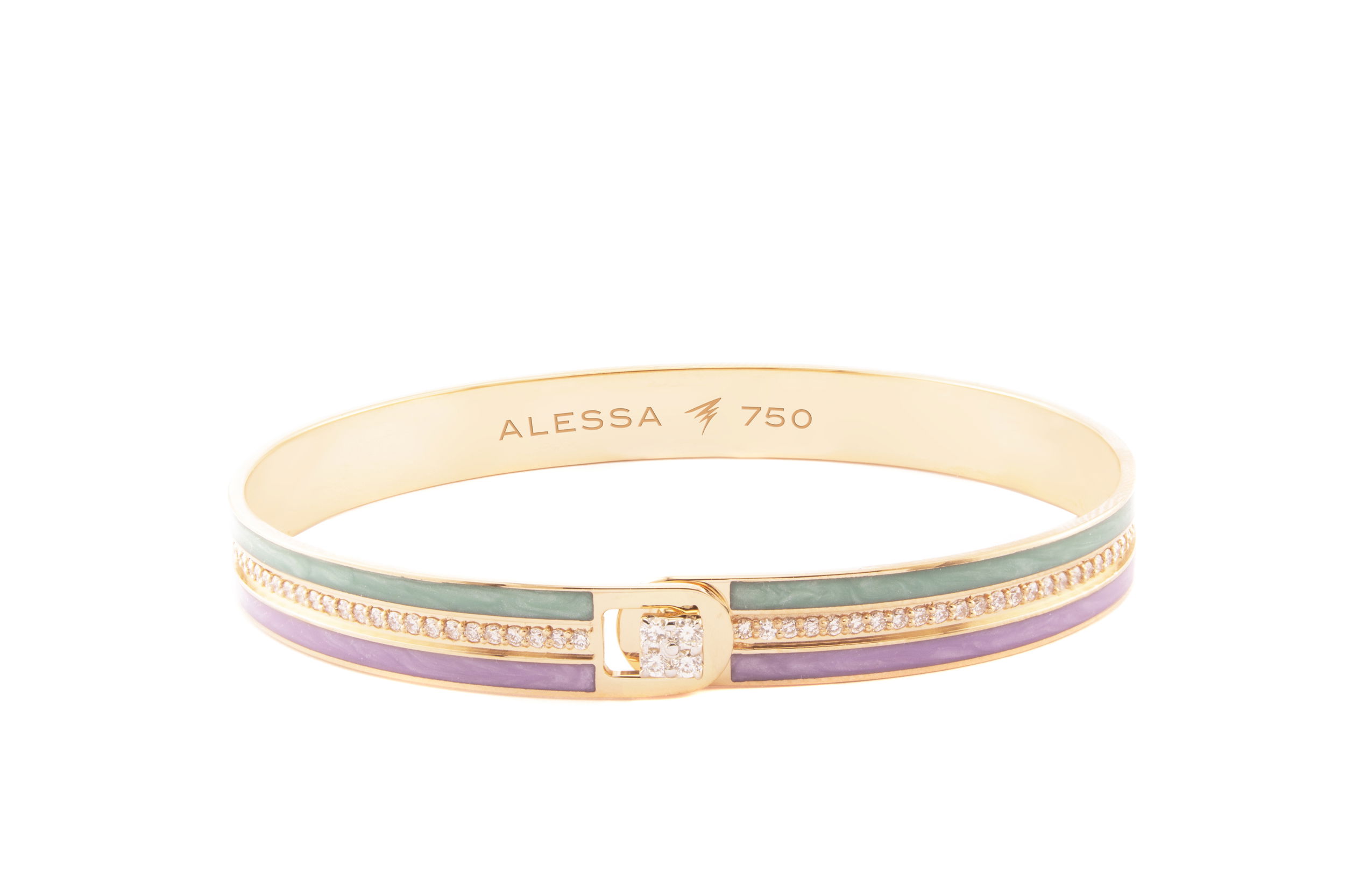 Equality Bangle Bracelet with Amethyst and Paraiba Enamel and White Diamonds in 18kt Rose Gold - Size 18 - by Alessa Jewelry - Bangle style bracelet with secure sliding clasp perfect for stacking or wearing alone. This triple row bracelet created in 18kt rose gold with hand painted amethyst purple and Paraiba green enamel and accented with 1.11ctw of G-H/VS-VVS white diamonds. This is an oval cuff bracelet Size 18 - Wrist measurement 16 - 16.9cm or 6.3 - 6.6 inches around. Equality Bangle Bracelet with Amethyst and Paraiba Enamel and White Diamonds in 18kt Rose Gold - Size 18