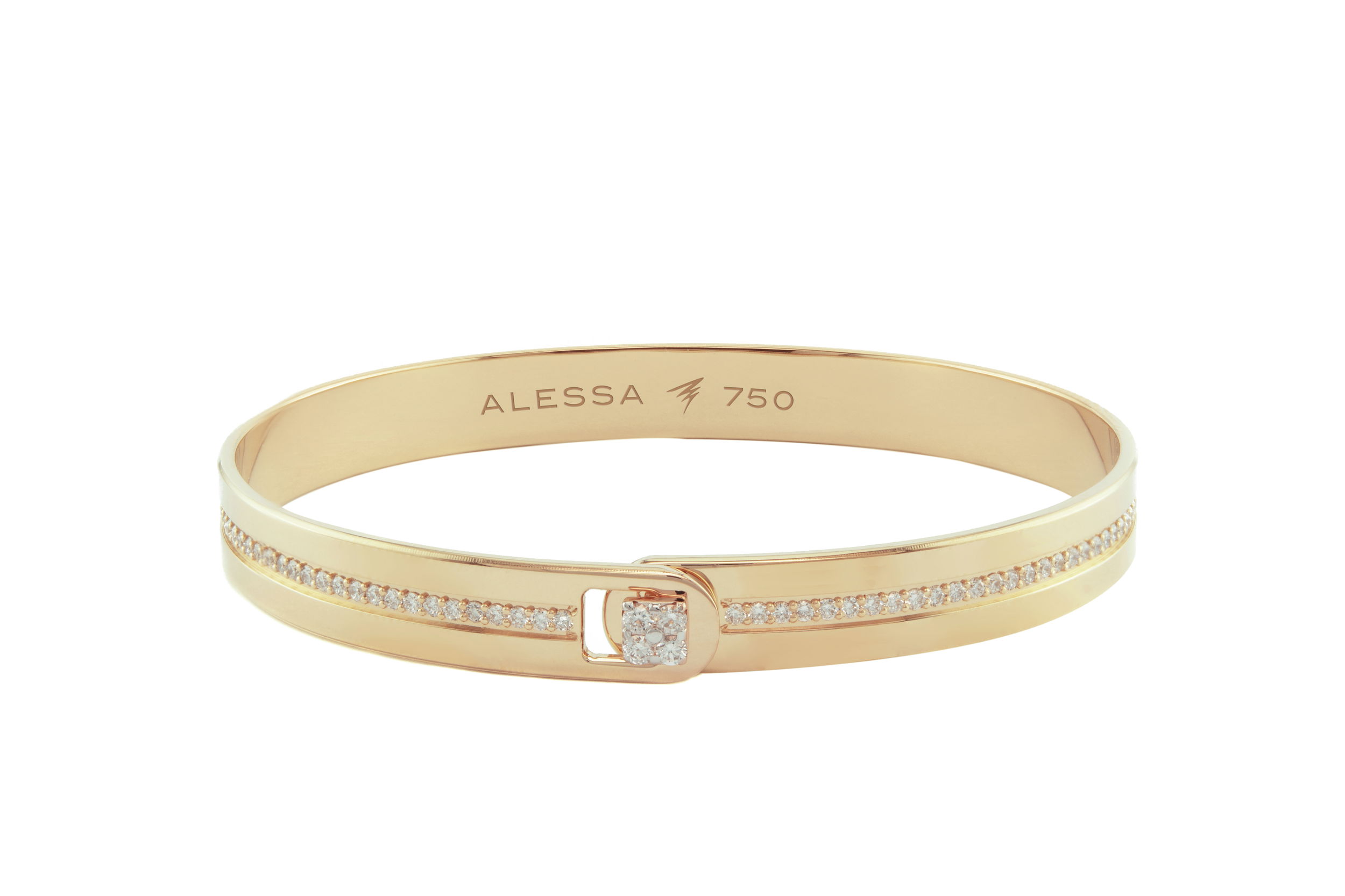 Equality Bangle Bracelet with White Diamonds in 18kt Rose Gold - Size 18 - by Alessa Jewelry - Bangle style bracelet with secure sliding clasp perfect for stacking or wearing alone. This bracelet created in 18kt rose gold is set with a center line of white diamonds and accented with a diamond button clasp - There are 1.06ctw of G-H/VS-VVS white diamonds in the bracelet. This is an oval cuff bracelet Size 18 - Wrist measurement 16 - 16.9cm or 6.3 - 6.6 inches around. Equality Bangle Bracelet with White Diamonds in 18kt Rose Gold - Size 18